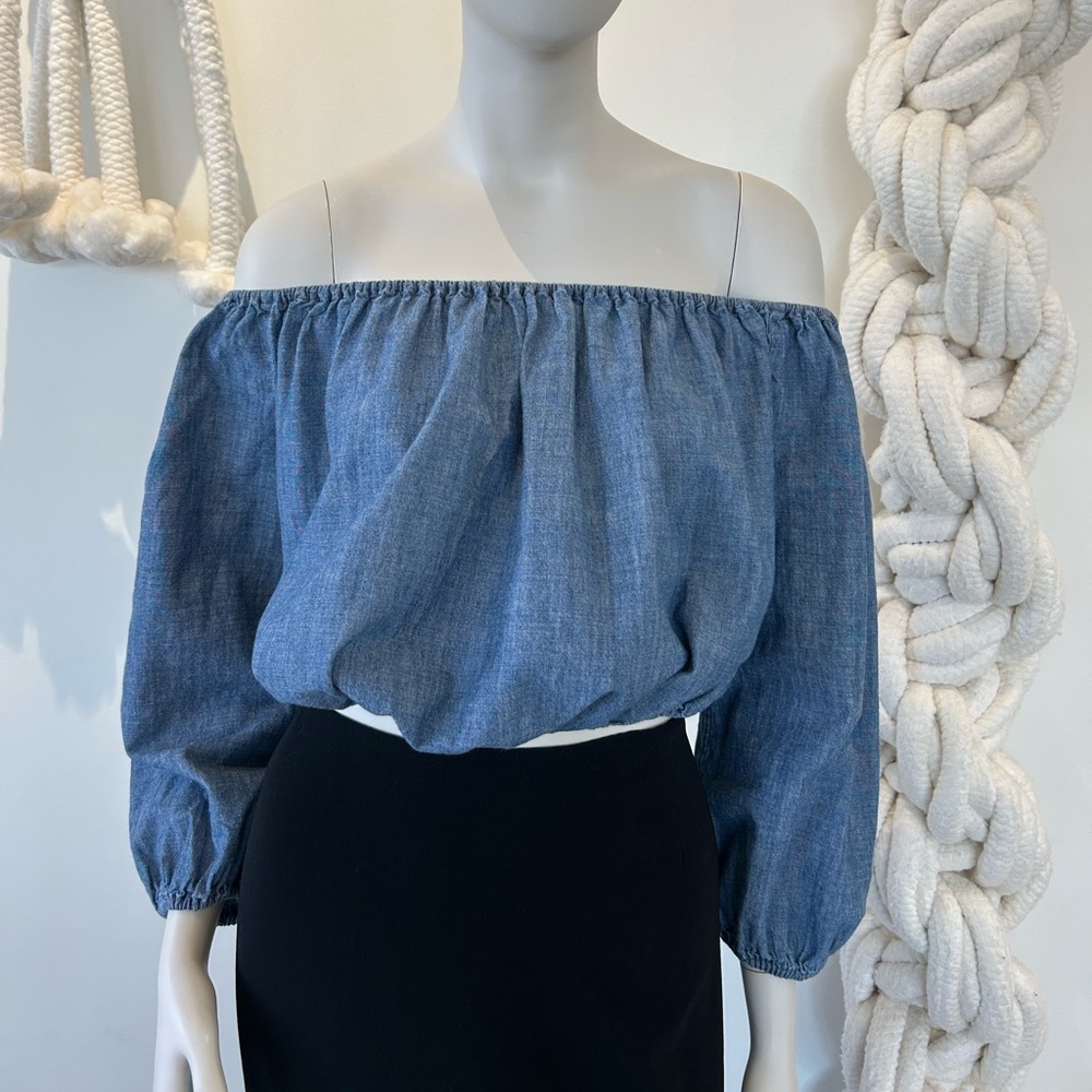 Theory Denim Off-the-Shoulder Crop Top Blouse